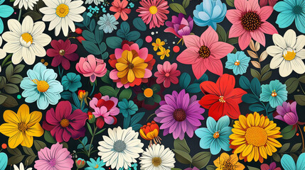 A vibrant and colorful floral pattern with various flowers in shades of pink, orange, yellow, blue, green, red, purple, white, and brown, with turquoise leaves on a dark background