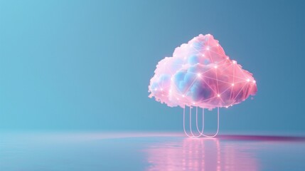 Poster - Futuristic digital cloud concept with neon lights, symbolizing cloud computing, technology, and data storage on a blue background. 3D Illustration.