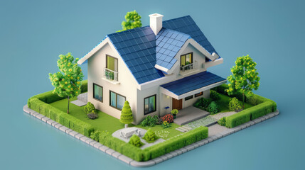 Wall Mural - house with blue roof 3d isometrics