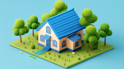 Wall Mural - house with blue roof 3d isometrics