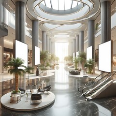 Wall Mural - A large building with a large escalator and palm trees Vibrant informative.