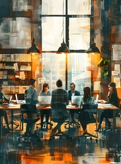 Wall Mural - A group of people sitting at a table in an office space discussing ideas