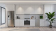 © GraphicXpert11 - A minimalist kitchen with white cabinetry, stainless steel appliances, and a single plant as the only decoration