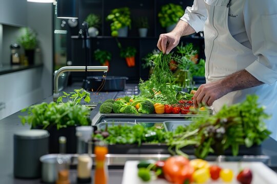 Chef Preparing Genetically Modified Vegetables in Modern Kitchen for Health-Focused Cuisine