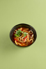 Wall Mural - Traditional Lagman Soup with Beef and Noodles - Hearty Eastern Cuisine in Black Bowl on Green Background