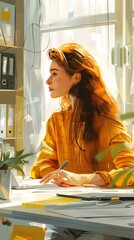 Wall Mural - A woman is sitting at a desk in an office.