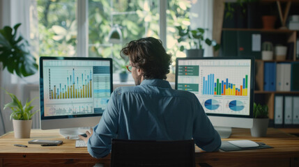 A man sits at a desk in a home office, analyzing data on two computer screens