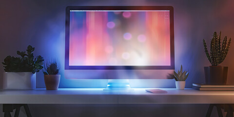 Wall Mural - The Ethereal Network: A holographic computer screen floating above a minimalistic desk
