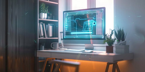 Wall Mural - The Ethereal Network: A holographic computer screen floating above a minimalistic desk