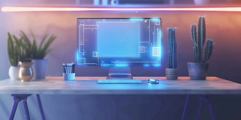 Wall Mural - The Ethereal Network: A holographic computer screen floating above a minimalistic desk