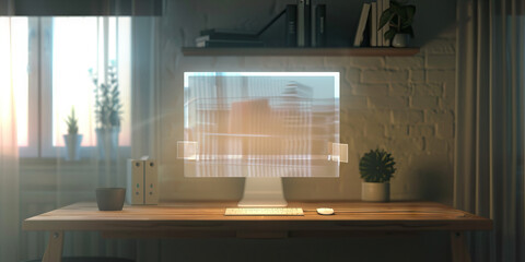 Wall Mural - The Ethereal Network: A holographic computer screen floating above a minimalistic desk