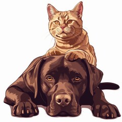 Wall Mural - An illustration of a British breed kitten and a Labrador puppy in watercolor style with a white background in color.