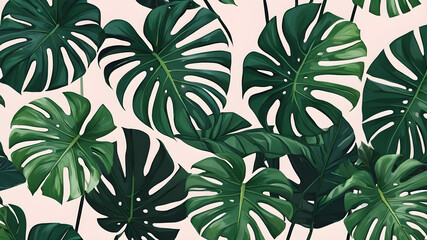 Wall Mural - Abstract foliage and botanical background. Green tropical forest wallpaper of monstera leaves, palm leaf, branches in hand drawn pattern. Exotic plants background for banner. Generative AI