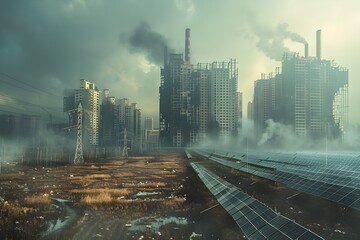A stark contrast between a polluted cityscape and a nearby field of solar panels, representing the transition to renewable energy