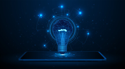 Fototapete - Electric light bulb or creativity on tablet or smartphone. Global internet connectivity concept for business Advanced digital technology. Saving electricity and energy
