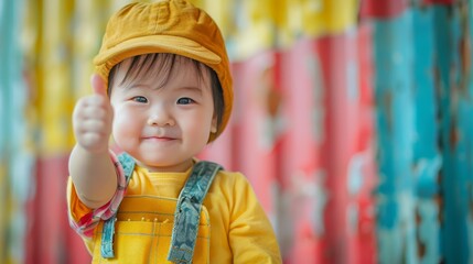 Cute young child wearing a yellow cap and outfit showing thumbs up with a colorful background. Happy and cheerful expression.