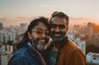© Markus Schröder - Portrait of a glad indian couple in their 40s wearing a trendy bomber jacket in front of vibrant city skyline