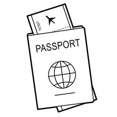 Passport  with flight ticket. Travel or business trip concept. Isolated outline Illustration on white background