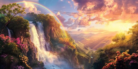 Wall Mural - Rainbow and waterfall scene in a calm nature