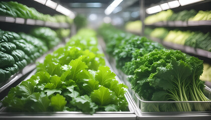 Fresh green leafy vegetables neatly arranged on supermarket shelves, showcasing healthy and vibrant produce.