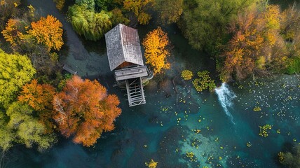 Wall Mural - a bird's eye view of a watermill in a beautiful environment for sustainable energy, generated by AI