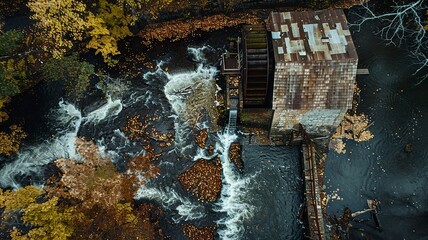 Poster - a bird's eye view of a watermill in a beautiful environment for sustainable energy, generated by AI