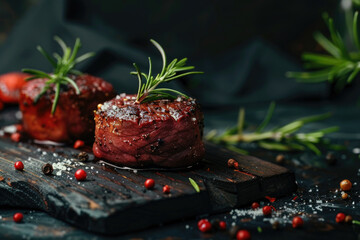 Wall Mural - Raw beef fillet mignon steaks with herbs and spices on dark stone background