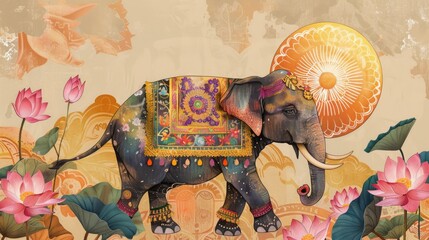 Decorated elephant in a mystical night setting with golden moon and lotus flowers.