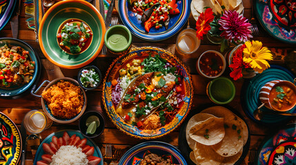 overhead view of mexican food decorated with fresh ingredients and spices, generative ai