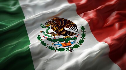 Waving Mexican flag with emblem in the center, showcasing the national symbol with vibrant green, white, and red colors.