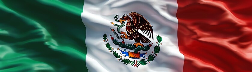 Waving Mexican flag with its iconic coat of arms. Ideal for representing Mexican culture, national pride, and patriotic themes.