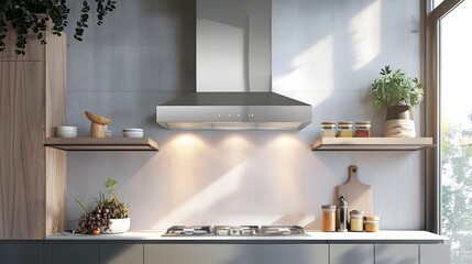 Wall Mural - Elegant kitchen interior with modern range hood over cooktop and stylish furniture