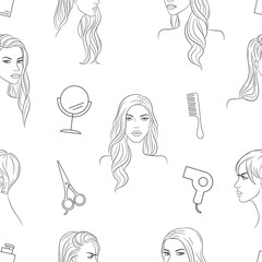 Wall Mural - Vector seamless pattern line background for beauty salons, hairdressers, or wellness centers. Beautiful young women with different hairstyles.