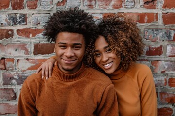 Wall Mural - Portrait of a content afro-american couple in their 20s wearing a thermal fleece pullover on vintage brick wall