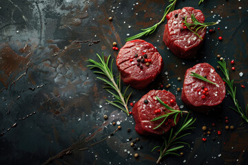 Wall Mural - Raw beef fillet mignon steaks with herbs and spices on dark stone background