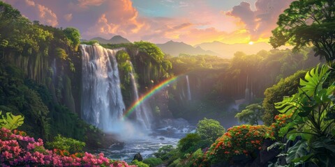 Wall Mural - Rainbow and waterfall scene in a serene nature