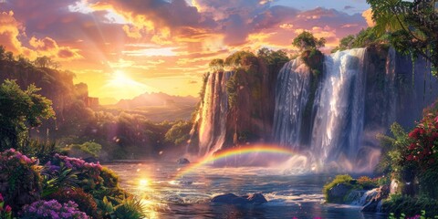 Wall Mural - Rainbow and waterfall scene in a calm setting