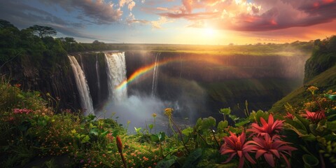 Wall Mural - Rainbow and waterfall scene in a peaceful surroundings
