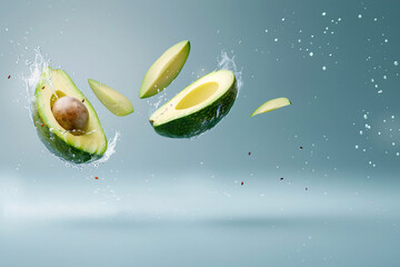 Wall Mural - avocado with water drops on blue background