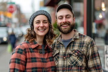 Wall Mural - Portrait of a grinning caucasian couple in their 30s dressed in a relaxed flannel shirt over busy urban street