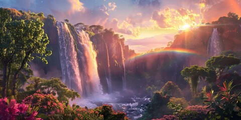 Wall Mural - Rainbow and waterfall scene in a serene mood