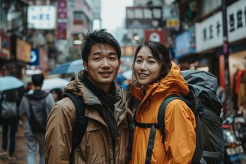 Wall Mural - Portrait of a merry asian couple in their 20s sporting a waterproof rain jacket in busy urban street