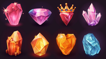 Wall Mural - Asset of Magic crystals, rocks gem stones for video game on dark background, Illustration