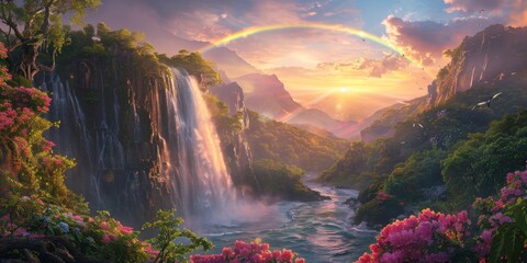 Wall Mural - Rainbow and waterfall scene in a peaceful nature