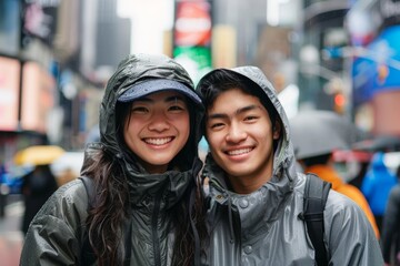 Wall Mural - Portrait of a merry asian couple in their 20s sporting a waterproof rain jacket on busy urban street