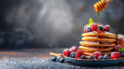 Delicious pancakes covered in fresh berries and drizzled with sweet honey on a plate