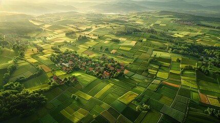 Aerial view of a lush green rural landscape with patchwork fields and a small village nestled in the countryside under the morning sunlight.