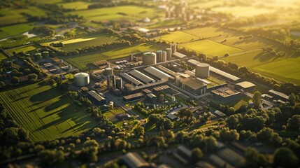 Aerial view of an industrial plant in a lush, green rural landscape during sunset, surrounded by fields and trees.