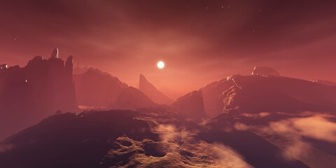Wall Mural - panorama of mars at sunset, sunrise above the surface of mars, martian landscape, 3d rendering
