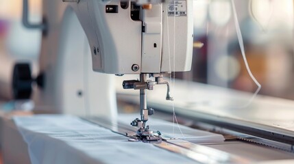 Wall Mural - A sewing machine with a yellow thread is in a factory